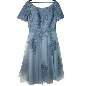 Slate Blue Lace Embellished Chiffon Short Sleeve Lace Up A-Line Formal Dress 16